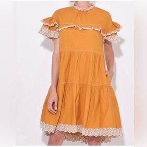 ULLA Johnson Gold Mustard Lace Ruffle Leone
Dress in Ochre O.